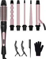 6 in 1 Curling Iron, Curling Wand Set with Thermal Brush (1.5inch) & 1inch Bubble Curling Wand and 3 Interchangeable Ceramic Bar
