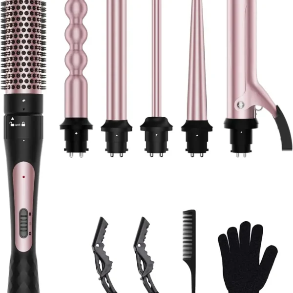 6 in 1 Curling Iron, Curling Wand Set with Thermal Brush (1.5inch) & 1inch Bubble Curling Wand and 3 Interchangeable Ceramic Bar