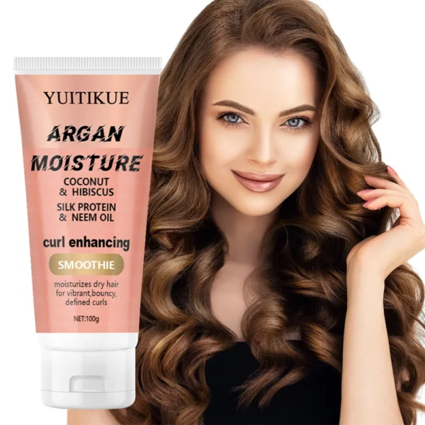 Moroccan Argan Oil and Coconut Oil Curl Cream, long-lasting shine and freshness, enhances curls.