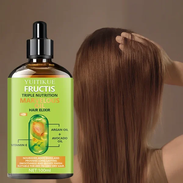 Triple Nutritional Hair Oil, repairs dry/damaged hair, increases shine and long-lasting smoothness.